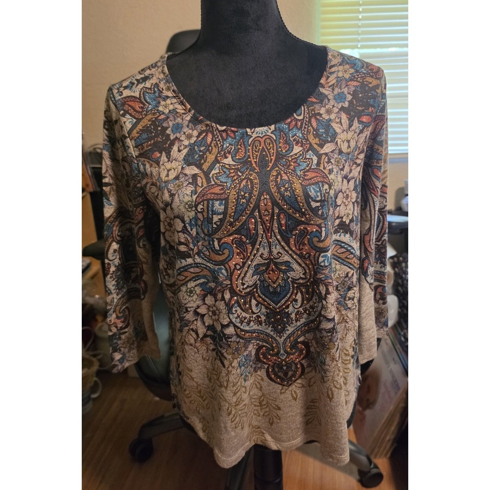 Energe World wear Paisley Print Women's Top Tan Brown Blue Orange size Medium